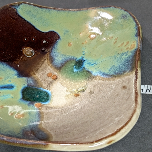 Hand made signed drip glaze chocolate/moss/taupe 10" square heavy pottery plate - Picture 3 of 7